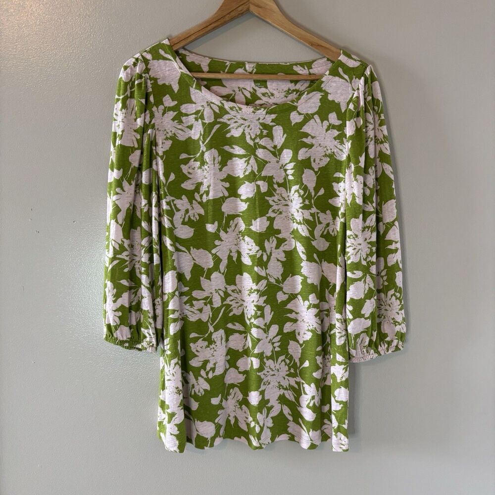 Soft Surroundings Linen Blend Top Green Light Pink Floral Shirt Sz Large